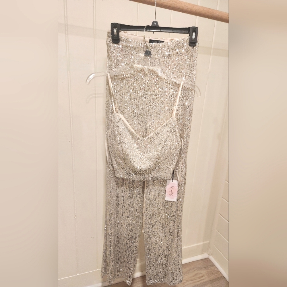 Crystal Sky Silver Sequined Disco Set Flare Pants and Top